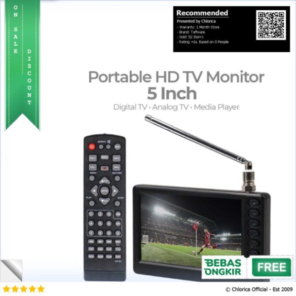 Jual Cyancret LEADSTAR Portable HD TV Monitor 5 Inch DVB-T2  Analog - D5 - Hitam Taffware Murah