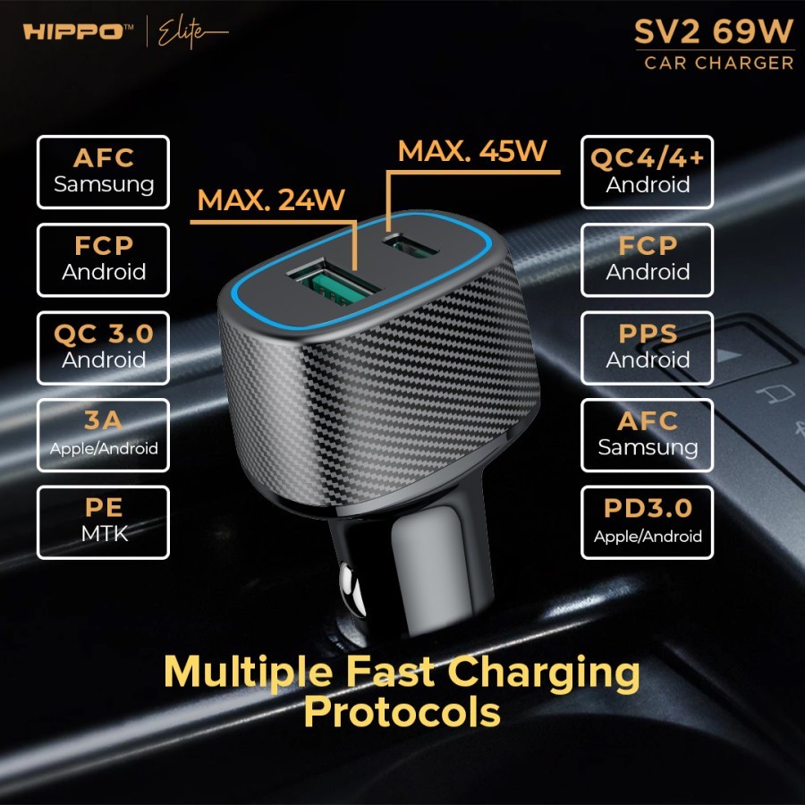 Hippo Car Charger SV2 Total Output 69W Dual port USB A Type C PD QC.4+