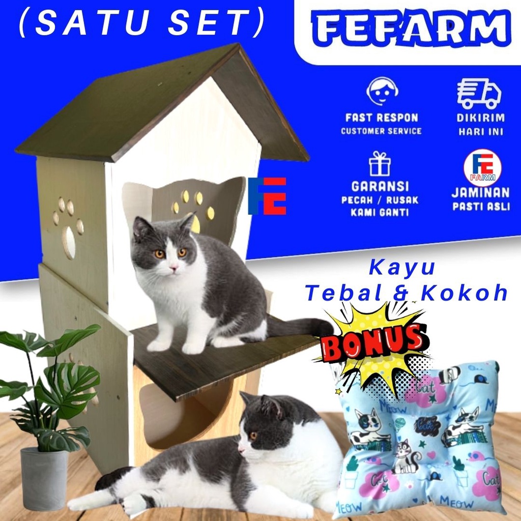 Rumah Kucing Susun Satu Set Kandang Tempat Tidur Kucing FEFARM