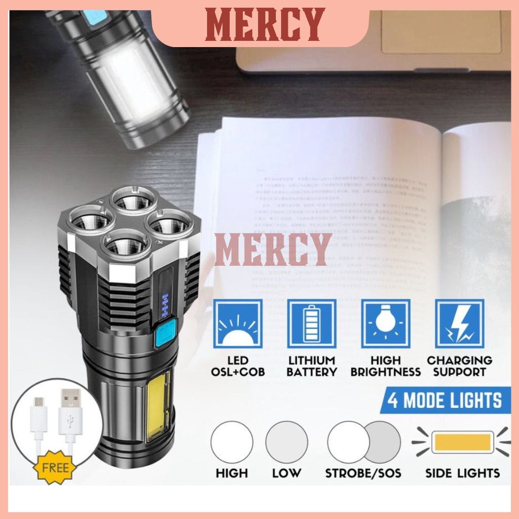 Senter Portable 4 LED + COB Light Super Terang L-S03 / Senter Penerangan Jarak Jauh 4 Mode Mata Lampu / Rechargeable Flashlight