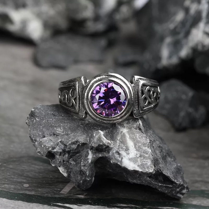 Cincin Batu Ametys Kecubung Ungu Ring Retro Minimalis Titanium Tahan Luntur dan Anti Karat