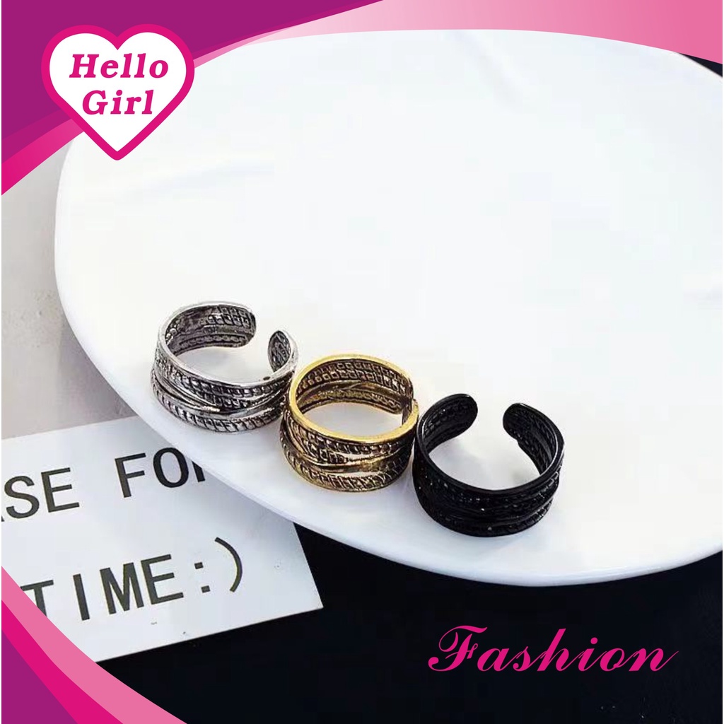 (Hello Girl)J07 Cincin Silver Model Terbuka Motif Tali Tambang Wanita Import