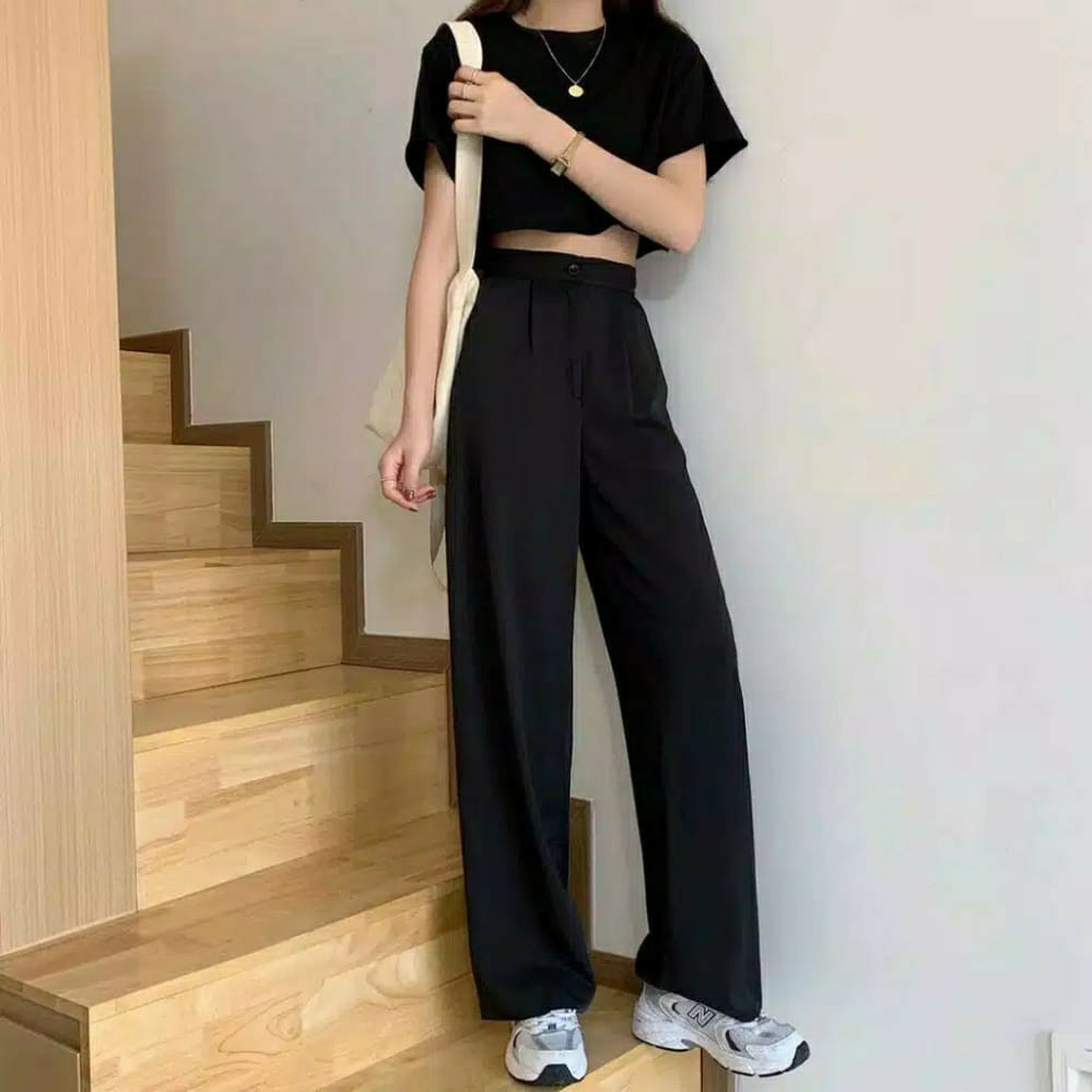 LOOSE PANTS TROUSERS CELANA ANTI KUSUT WANITA CELANA KULOT WANITA CELANA KANTOR FORMAL CELANA KERJA WANITA-HITAM