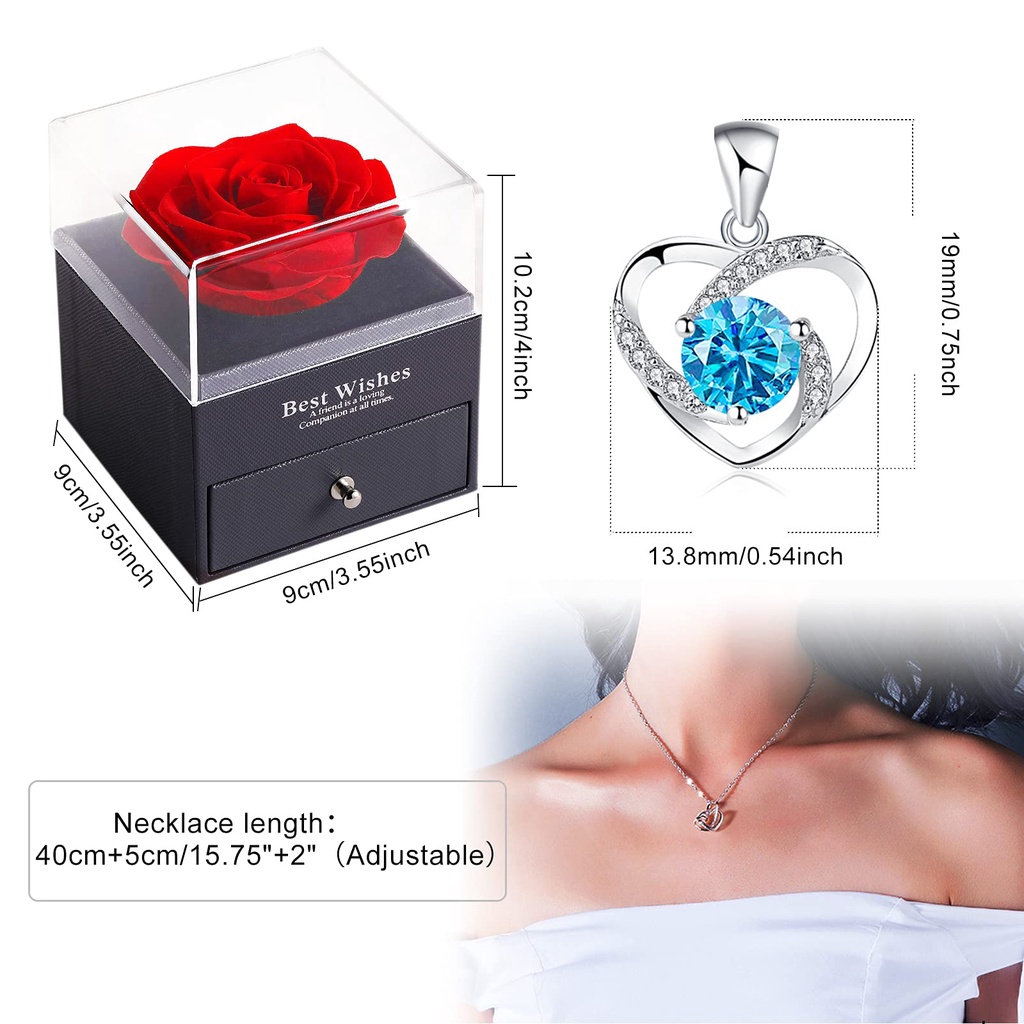 Preserved Red Rose Asli dengan Kalung Hati earrings 925 Sterling perak Kalung Bunga Hadiah Unik pada Ulang Tahun Hari Kasih Sayang, Hadiah Mawar Merah untuk Ibu Natal Diawetkan Mawar Asli Pengakuan Penuh Kasih Hadiah Ulang Tahun untuk Wanita Pacar