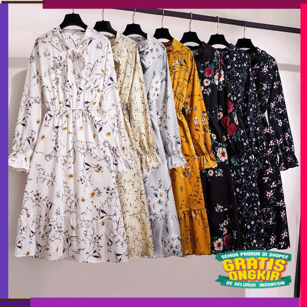 DISKON GEDE AKHIR TAHUN Warna solid hitam merah Wanita midi dress korea lengan panjang Muslimah moti