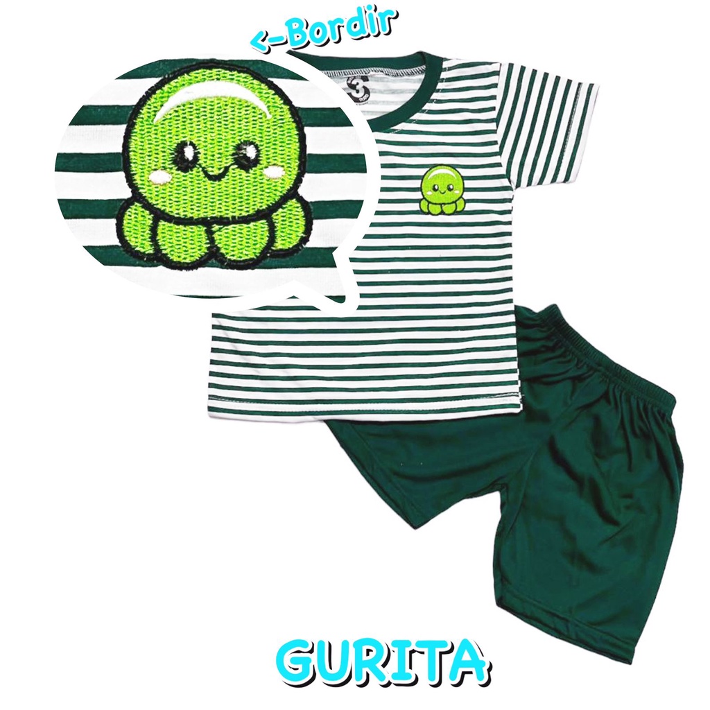 3S YEYA - BAJU SETELAN PENDEK FASHION ATASAN CELANA OBLONG ANAK LAKI-LAKI/COWOK BAHAN KAOS KATUN HIJAU BORDIR SALUR OCTOPUS/GURITA