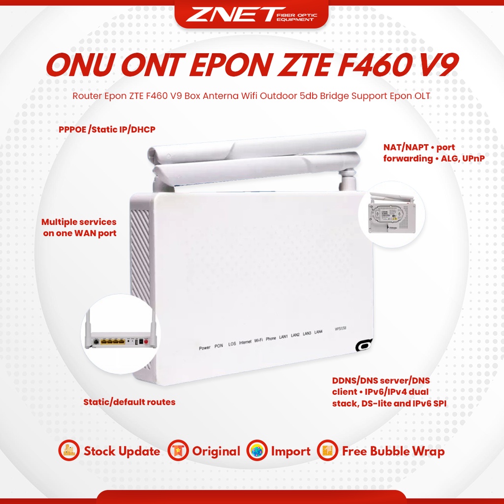 Modem EPON ZTE F460 V9 Box Antena Wifi 5db  Support Statis pppoe dan Bridge Epon OLT onu router