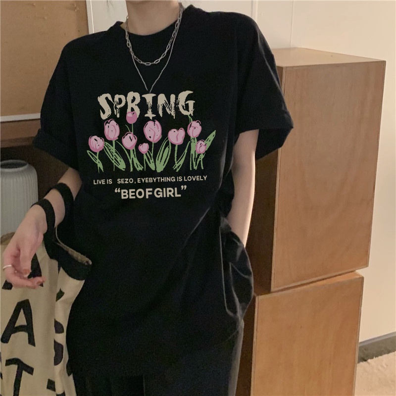 Print T-shirt Kaos Lengan Pendek Wanita Tulip Oversize Korean Style