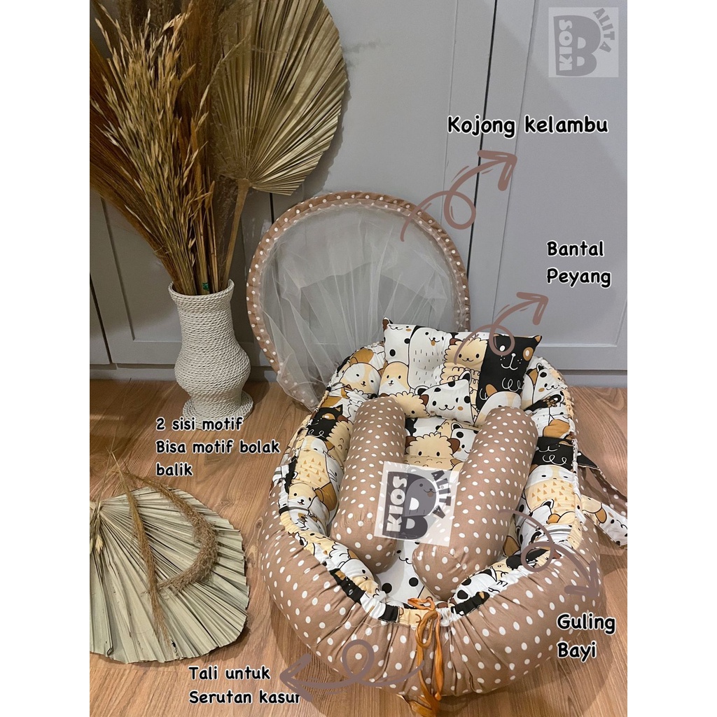 KASUR BAYI BABY NEST PREMIUM DENGAN KELAMBU + FREE BANTAL PEYANG DAN GULING BAYI (BISA 2 SISI MOTIF BOLAK BALIK)