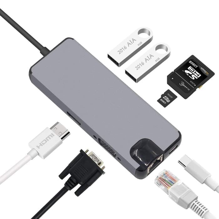 Usb TYPE C to HDMI VGA lan SD Card Reader hub For mac pro new 8 in 1