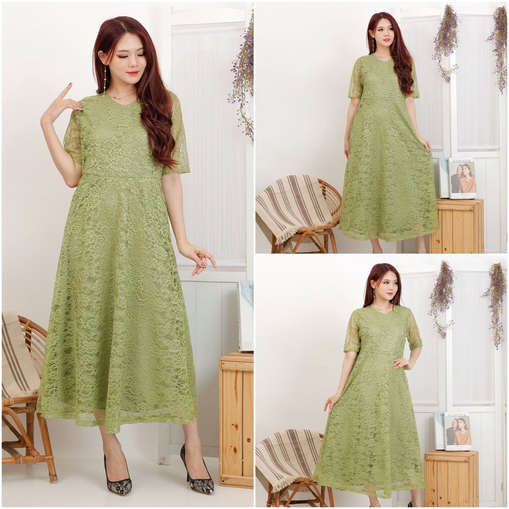 (DIJAMIN REALPIC) LONG DRESS YOONA BRUKAT CORNELI TULANG BROKAT CORD TIMBUL DRES PESTA NATAL