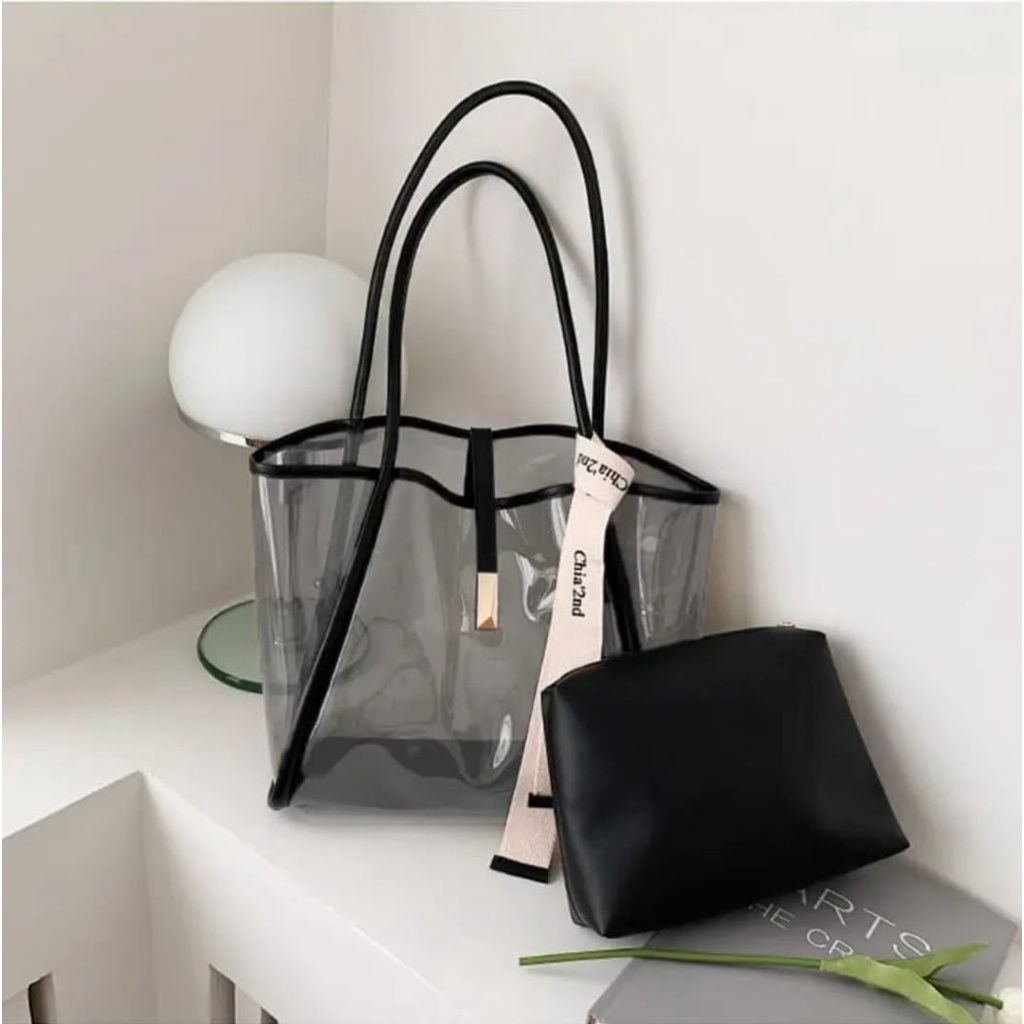 Tote Bag  Wanita  ZEA PVC | Tote Bag Transparan Free pouch ( Tanpa twilly/syal/pita) | Tas wanita pvc | Tote bag mika | Tas bahu mika