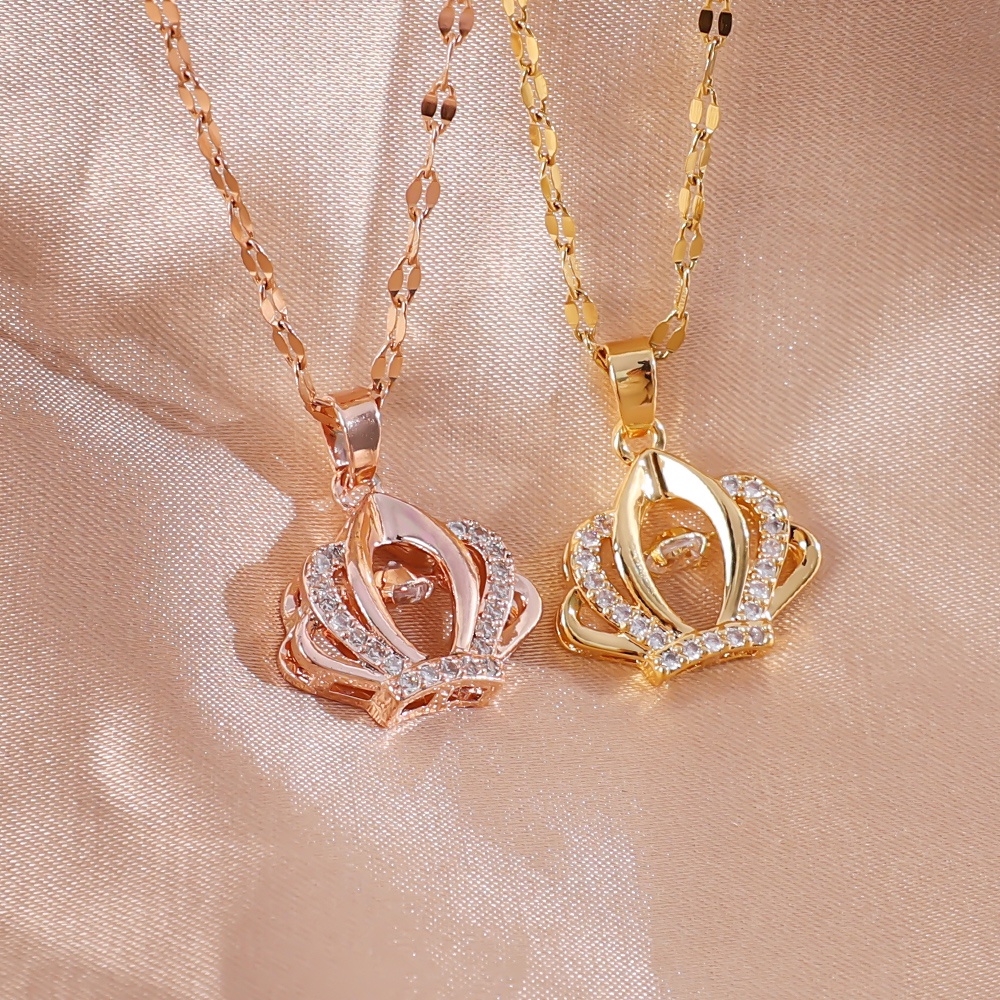 Kalung Rantai Klavikula Hias Liontin Mahkota Kristal Bahan Stainless Steel Untuk Wanita