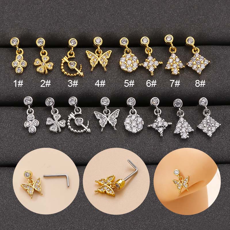 1pc Anting Tindik Hidung Bentuk L 20 Gage Motif Daun Butterfly Untuk Wanita