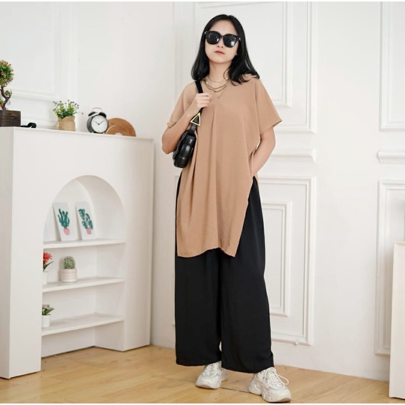 BEFAST - ZFS OOTD Tunic LIAH / V LONG OVERSIZE CRINCLE TUNIC / Pakaian Wanita Casual / Tunik Lengan Pendek / Fashion Kekinian Remaja ABG Trendy / Tunik Polos Formal / Outfit Remaja Terlaris / Tunik Wanita Modis