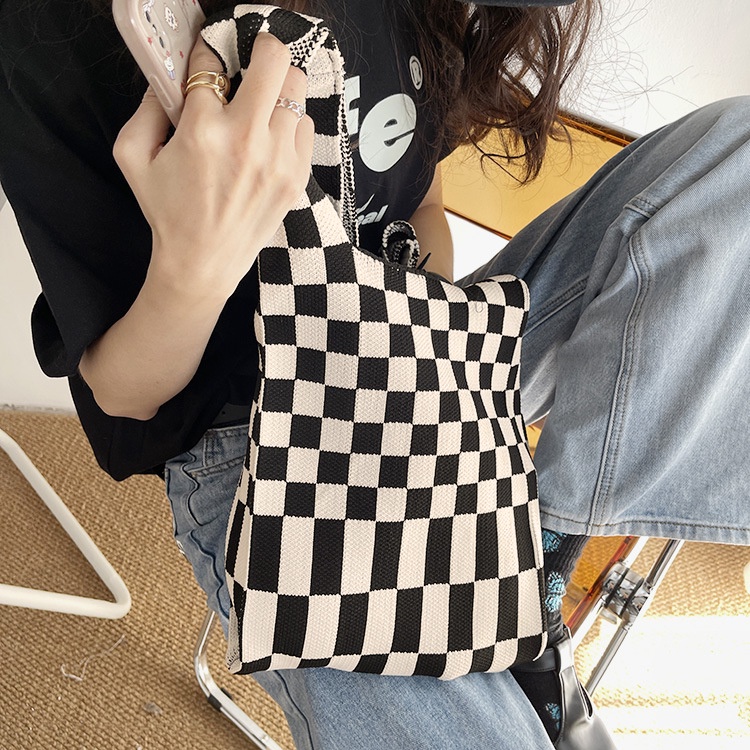 Tas Wanita Rajut Buffollow SMALL Korean Knitted Checkered Tas Tote Bag Import