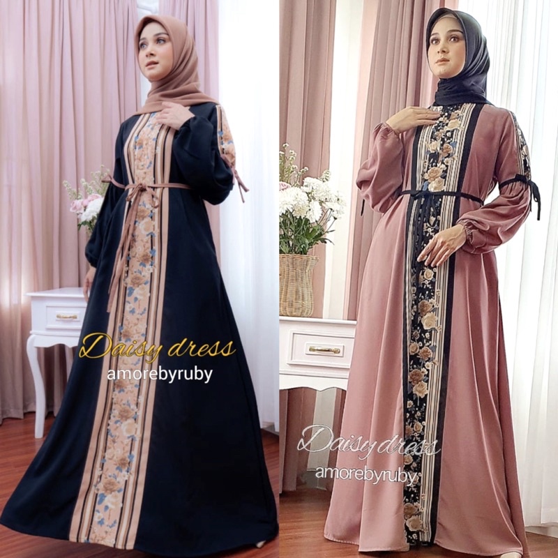 DAISY DRESS MUSLIM GAMIS HITAM MOTIF BUNGA TERBARU BEST SELLER PREMIUM IMPORT BRAND AMORE BY RUBY FA