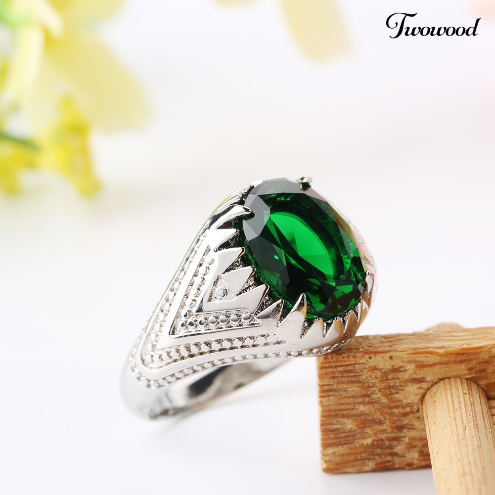 Cincin Jari Bentuk Oval Emerald Hijau Bahan Alloy Untuk Pria