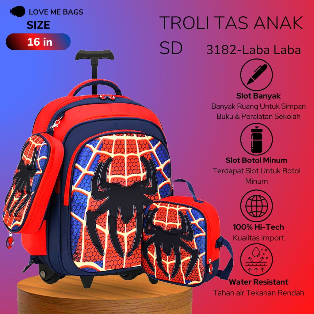 LMB Tas Troli Anak Laki Laki SD Import Karakter Superhero Bagian Depan Timbul 6D Bahan Nilon Premium Kuat dan Tebal Nyaman Dipakai