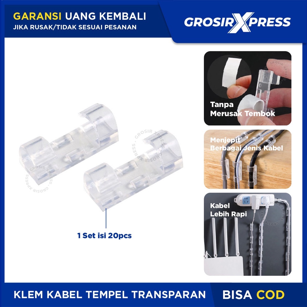 Klip kabel tempel dinding isi 20pcs Penjepit Kabel Transparan Klem perapih Kabel Cable Clamp organizer