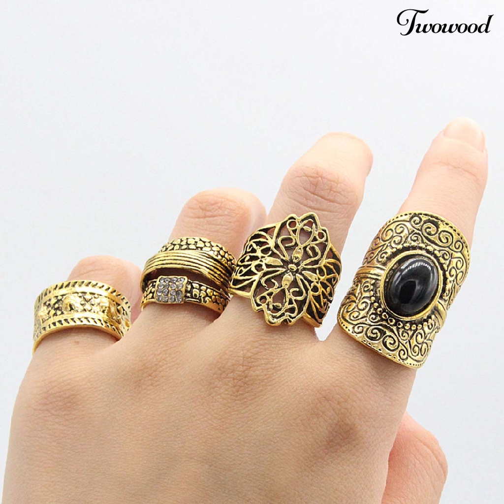 4pcs / Set Cincin Knuckle Bahan Alloy Motif Ukir Hollow Gaya Etnik Untuk Unisex