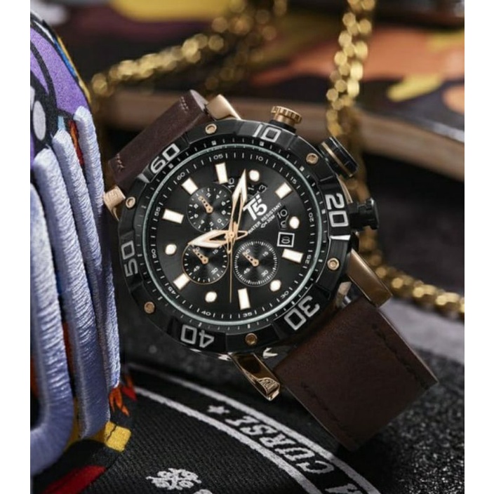 jam tangan pria Mewah T5 H3855G Tali kulit Brown Rosegold Date aktif & Chrono aktif Original