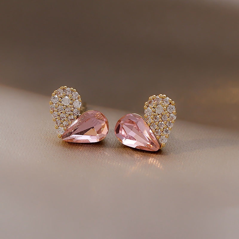 Anting Tusuk Sterling Silver 925 Desain Hati Hias Berlian Pink Untuk Wanita