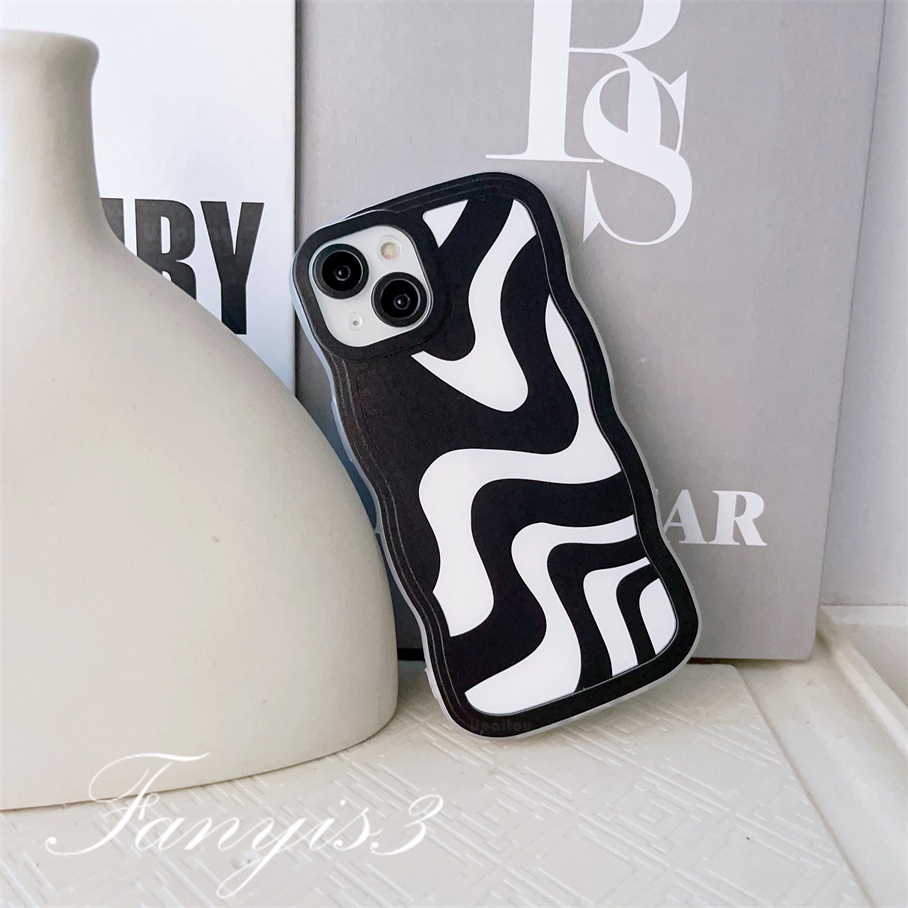 Compatible For iPhone 14 13 12 11 Pro Max X XR Xs Max 8 7 6 6s Plus SE 2020 Soft Case TPU Motif Garis Gelombang Hitam Putih Untuk