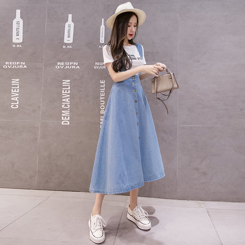 Baju Pantai Santai Terusan Dress Denim Jeans Rok Panjang