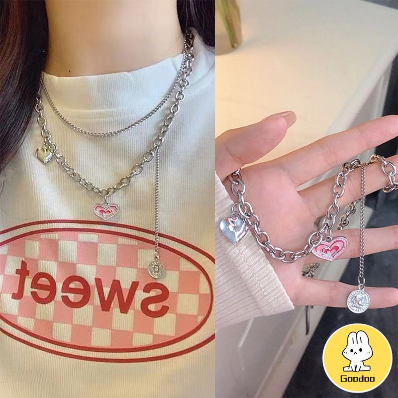 Kalung Wanita Korea Cinta Rantai Klavikula Kepribadian Hip Hop Bertumpuk Lapisan Ganda -Doo