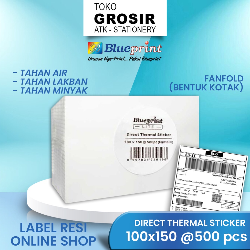

100x150 CF Resi Label Pengiriman A6 Kertas Thermal Sticker Barcode BLUEPRINT Lite 500 Stiker Termal