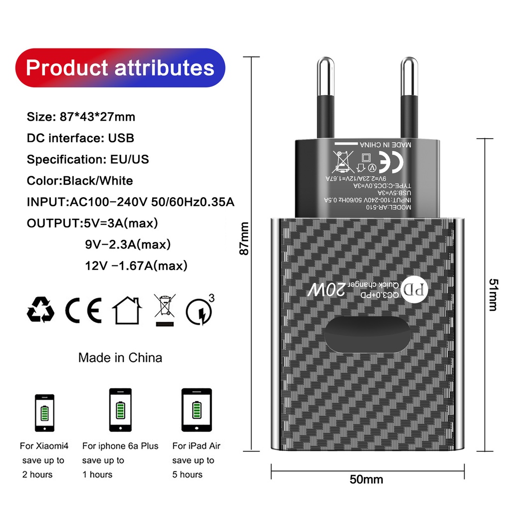 Adapter Charger Dinding USB QC3.0 + PD Fast Charging 20W Untuk Iphone / Android 5V