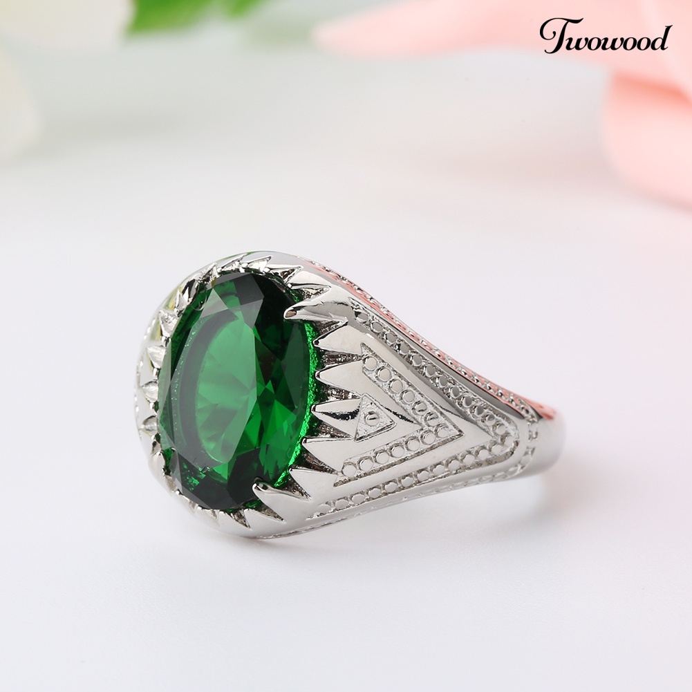 Cincin Jari Bentuk Oval Emerald Hijau Bahan Alloy Untuk Pria