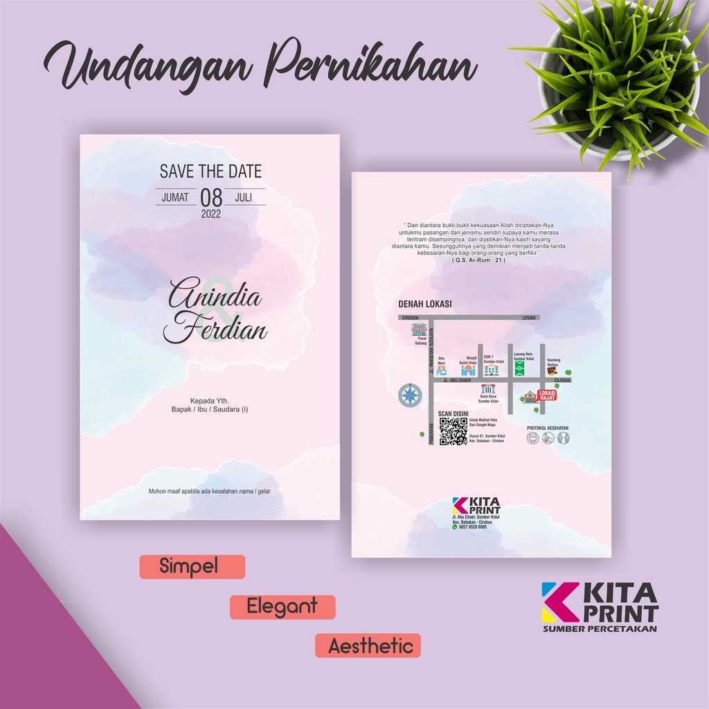 Undangan Pernikahan Lipat 2 BC TIK  Simpel Kekinian Modern Warna Pastel Ungu