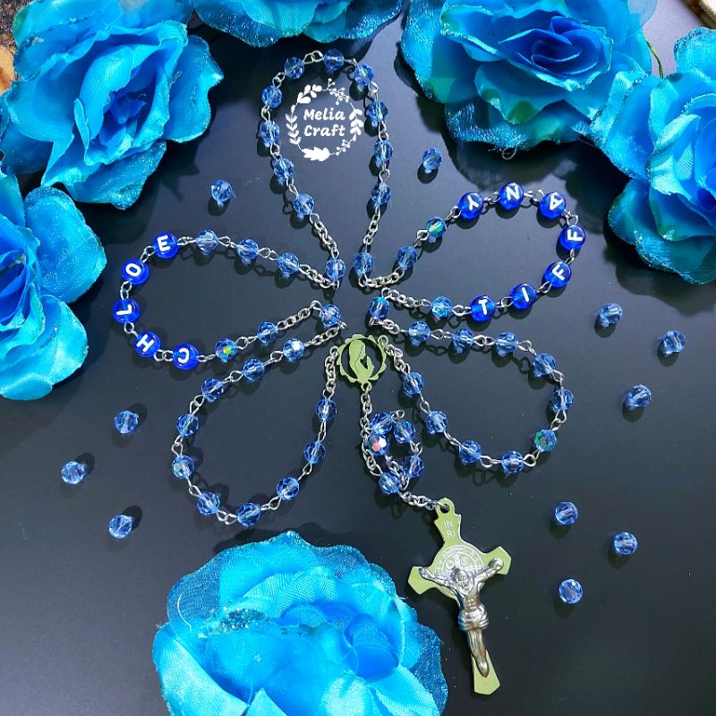 Rosario Nama Kristal Swarovski Light Blue Anti Karat - Swarovski Crystal Rosary with Name - Rustproo
