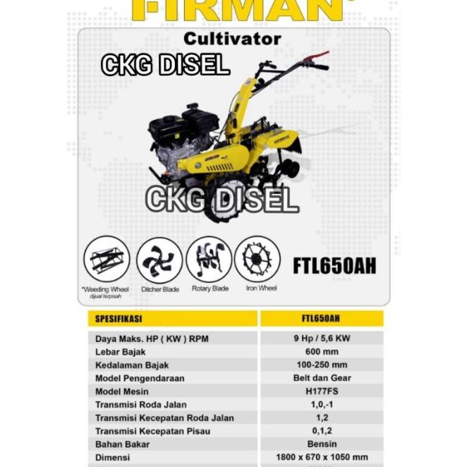 Cultivator Firman Ftl 650 Ah Mesin Bajak Mini Parit Bedengan Ftl 650Ah