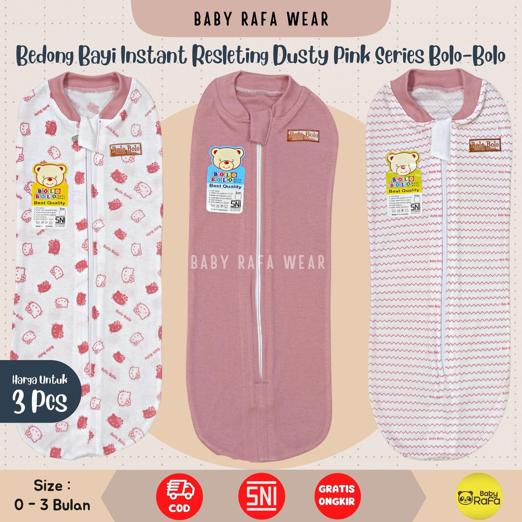 Serian Dusty - 3 pcs Bedong Bayi INSTAN RESLETING PINK DUSTY SERIES SNI Bolo - Bolo