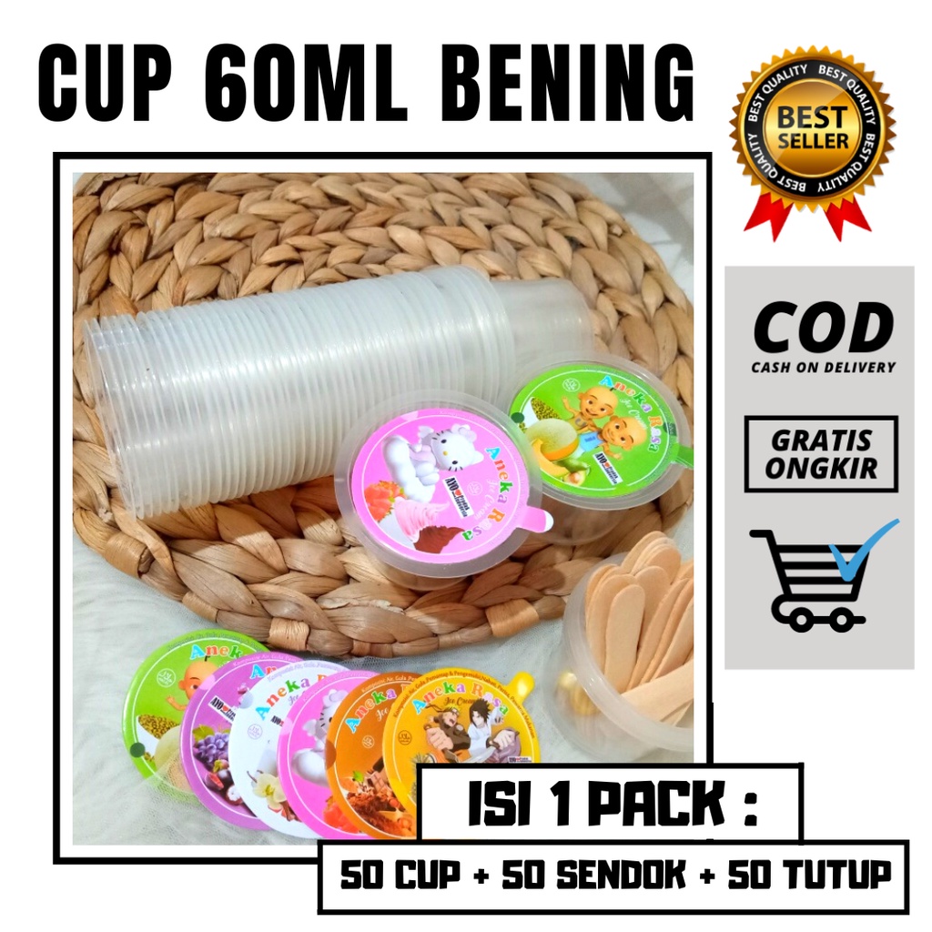 Cup Eskrim Bening Cup Ice Cream 60ml Plastik Lengkap Tutup Sendok
