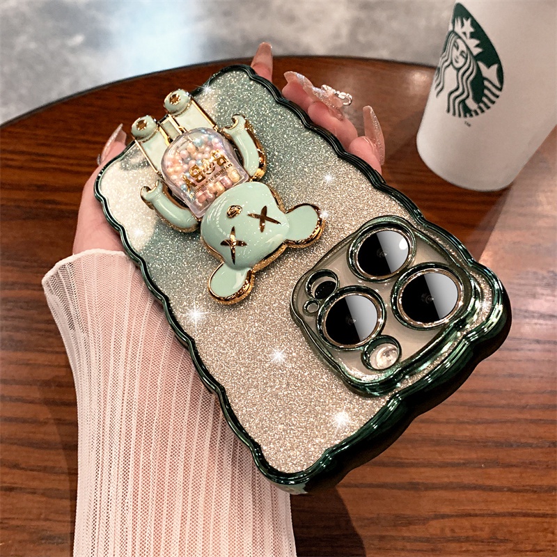 IPHONE Candy bear bracket Pola Bergelombang Plating Casing Ponsel Kompatibel Dengan Iphone14 13 12 11 Pro Max Anti-slip Cover Anti slip