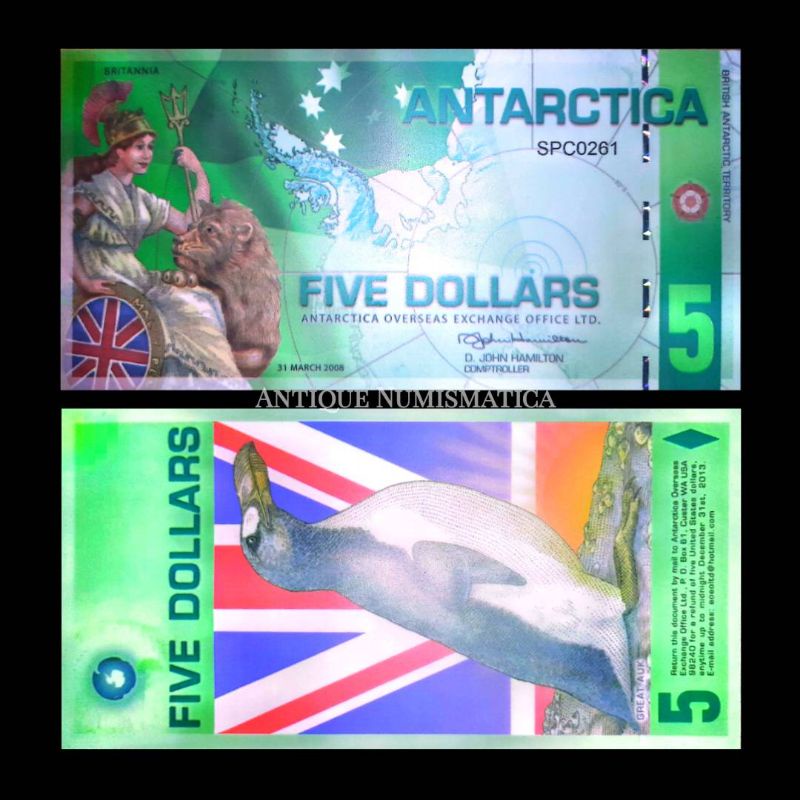 ANTARCTICA 5 DOLLARS 2008 UNC POLYMER HYBRID QUEEN BRITANNIA PINGUIN