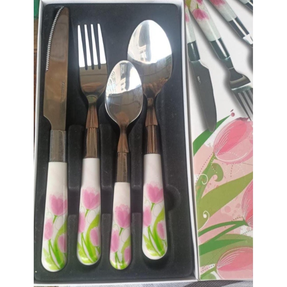 BELLA - 4IN1 CULTERY SET SENDOK GARPU PISAU SET MOTIF FLOWER BUNGA TULIP 4 IN 1