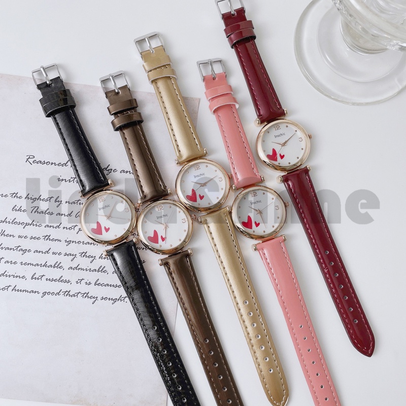 Jam Tangan Wanita Analog Korean Strap Pu Leather Dial Bulat Motif Love