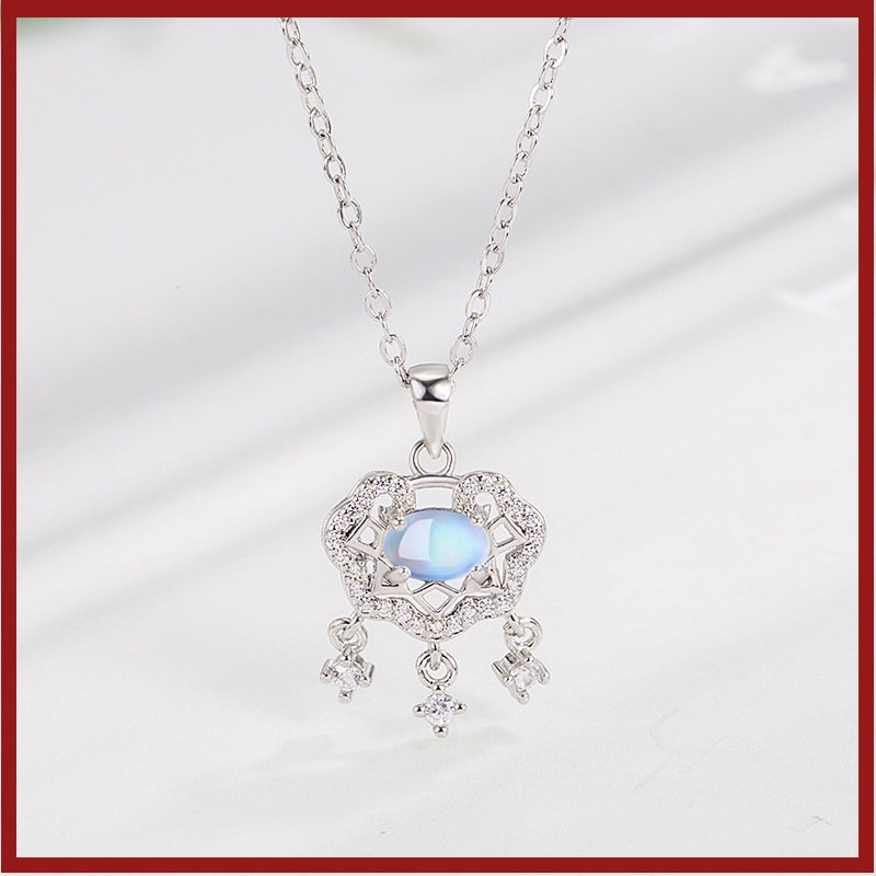 Kalung Rantai Sterling Silver 925 Dengan Liontin Batu Moonstone Untuk Wanita U1400