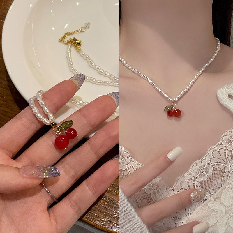 Kalung Rantai Dengan Liontin Buah Ceri Aksen Mutiara Untuk Wanita