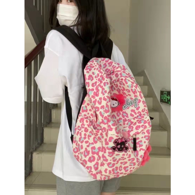 Sera Asli Y2K Milenial Lucu KTM Ransel Pink Leopard Cetak Tas Sekolah Niche Kartun Anime Ritsleting Ransel Kasual