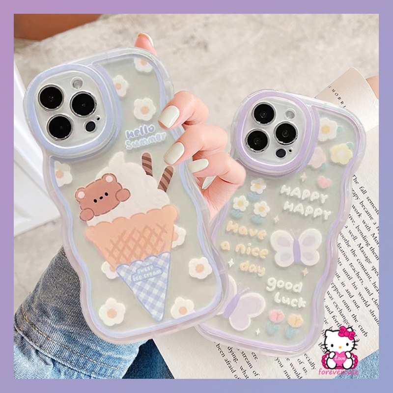 Soft Case TPU Motif Kartun Es Krim Beruang Butterfly Untuk IPhone 11 13 12 14 Pro Max 7Plus 6Plus XR X XS Max 7 8 6 6s 14 Plus SE 2020