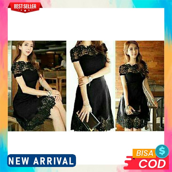 Agnes Black Mini Dress - Baju Dres Brukat Polos Wanita Remaja Formal Kondangan Wedding Casual Dress 
