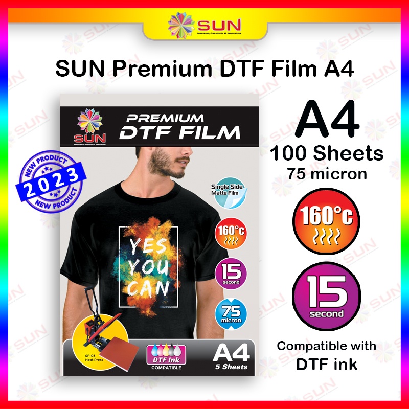 

Kertas Film Sablon DTF Transfer Paper A4 A3 75 micron - SUN Premium DTF Film A4 isi 100 Lembar ( untuk mesin press kaos, keramik, piring, topi, plat alumium, puzzle, bantal )