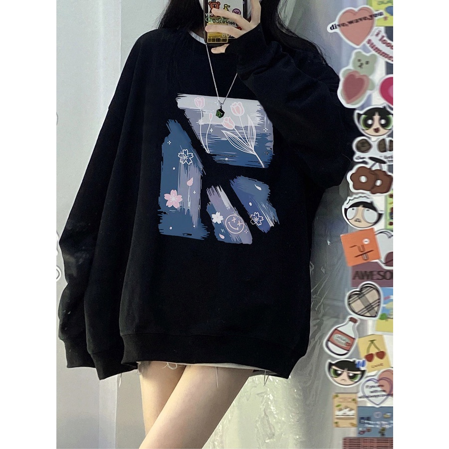 EUNII Sweater Lengan Panjang Cartoon Painting Landscape Korean Style/Hoodie Oversize/Baju Wanita/Switer Wanita