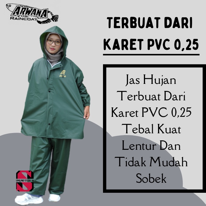 Jas Hujan Mantol Mantel Jaket Arwana Bahan Full Karet PVC tebal Kuat Dan Elastis Anti Rembes Garansi Original